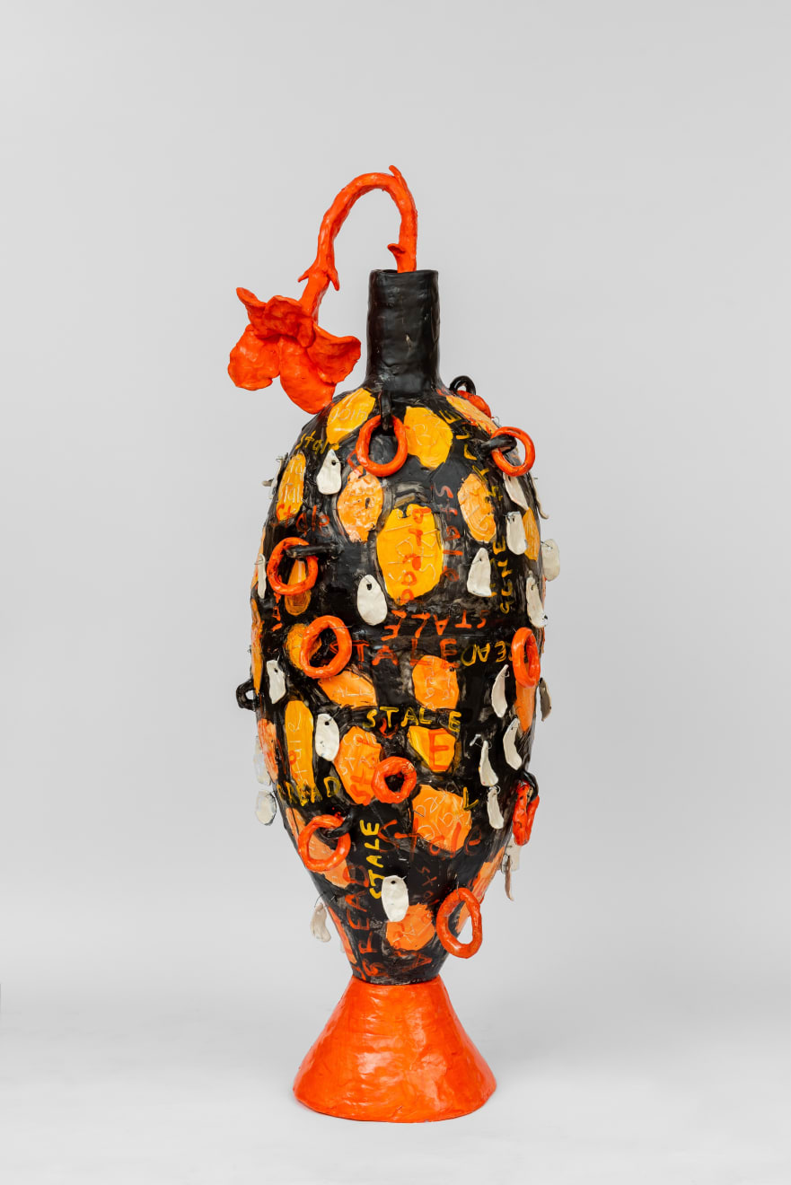 Xanthe Somers, Like Stale Bread After A Hard Days Work / Large black and orange floor standing vase with orange flower, 2022