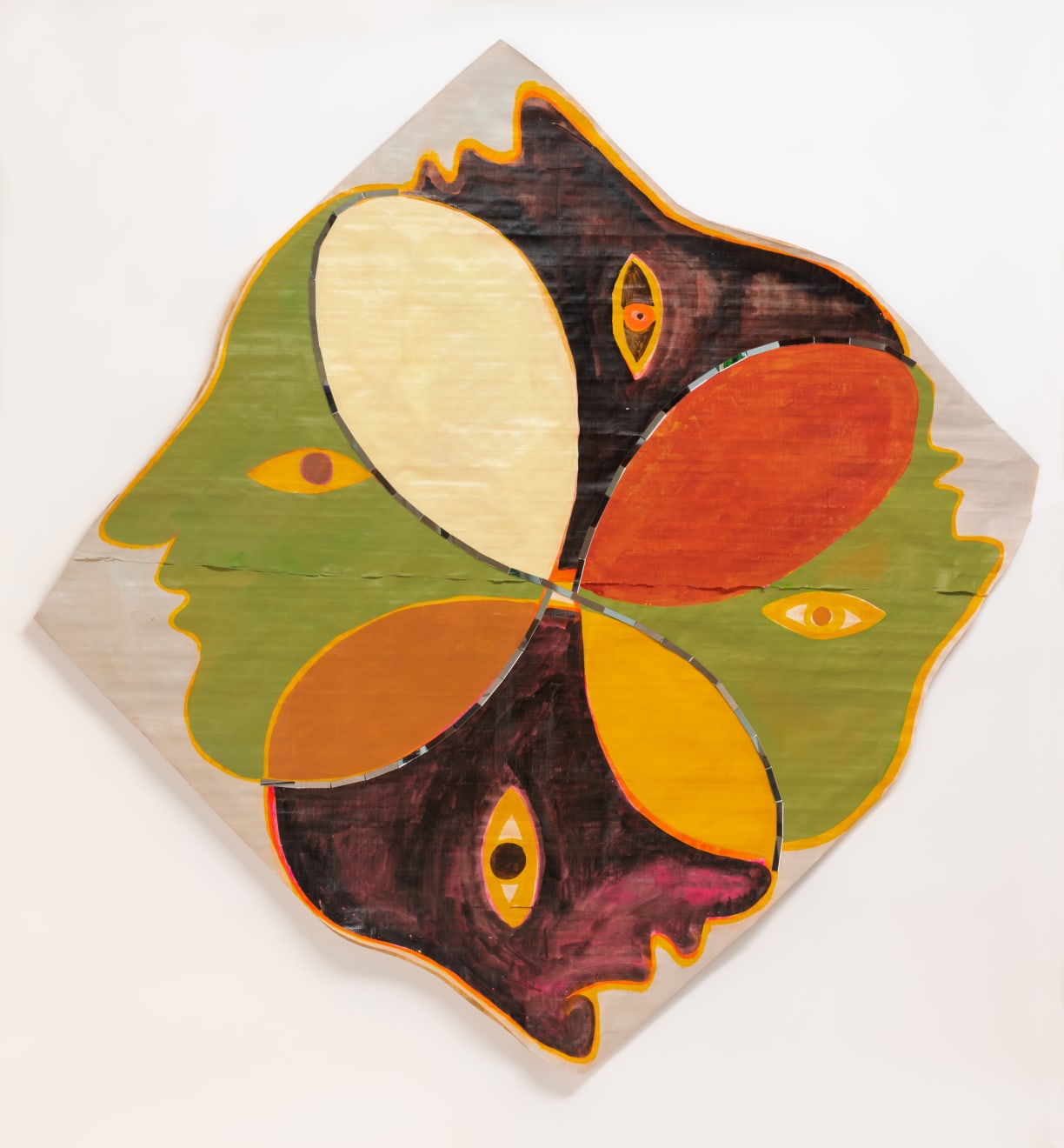 Mixed media artwork by Kimia Ferdowsi Kline titled “Four Corners,” featuring ink, acrylic, thread, and cut mirrors on Egyptian papyrus