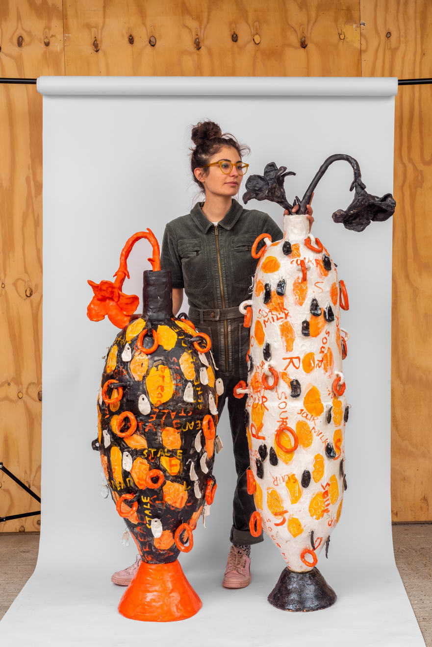 Xanthe Somers, Like Stale Bread After A Hard Days Work / Large black and orange floor standing vase with orange flower, 2022
