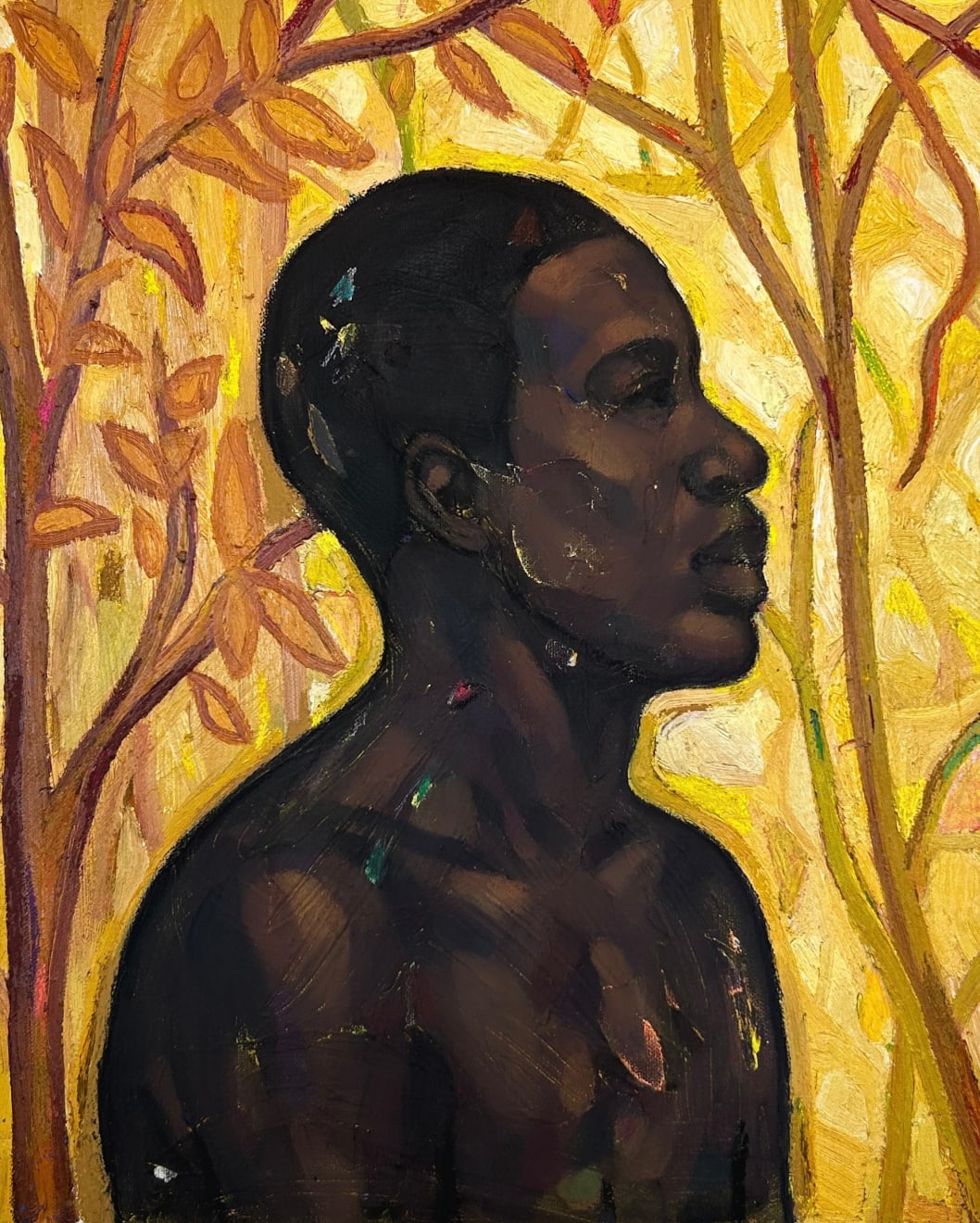 Side profile of a male figure against a glowing yellow backdrop by Stephen Price.