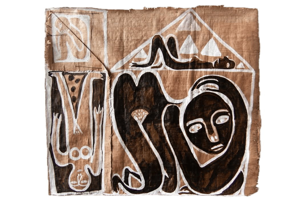 Four Generations in a Barn by Kimia Ferdowsi Kline, 2024. Ink and pigment on Egyptian papyrus, depicting abstract figures and geometric forms in earthy brown and white.