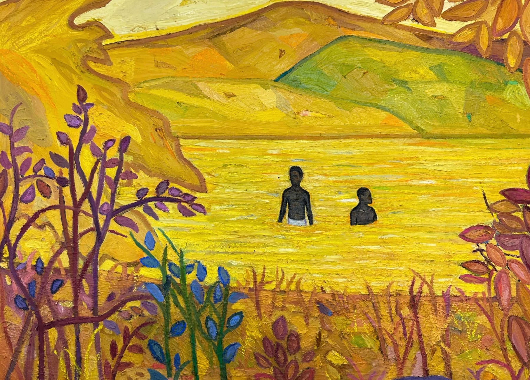Painting by Stephen Price titled “Endless”, featuring two small figures in a vast yellow landscape, created with charcoal, oil, acrylic, and soft pastels on canvas.