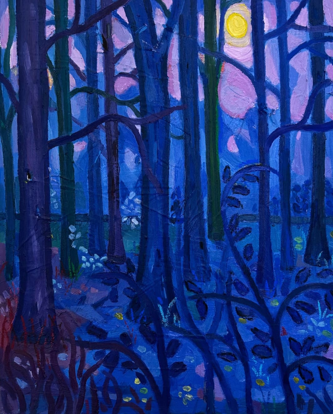Painting by Stephen Price showing a forest in deep blue tones with soft moonlight.
