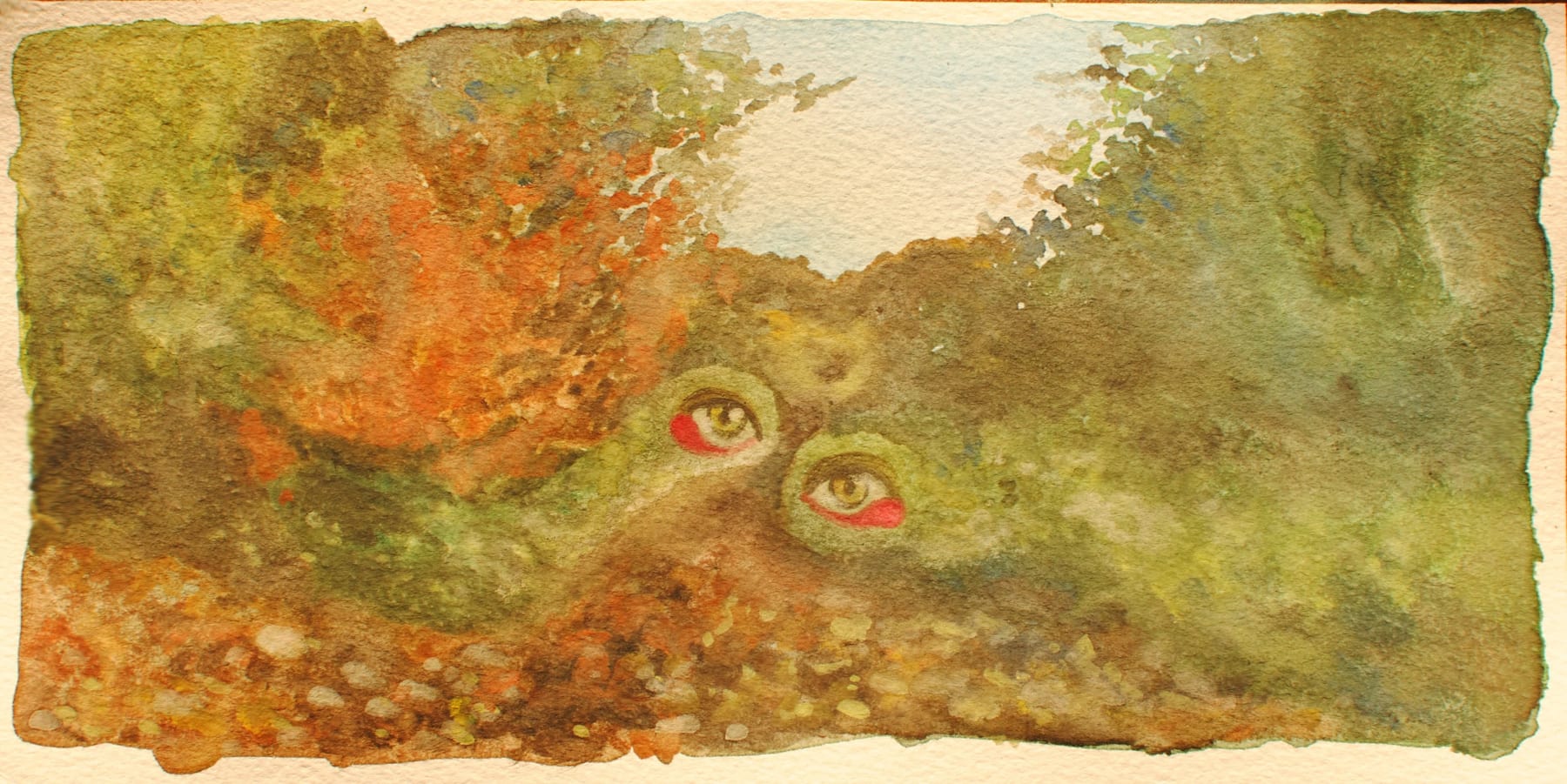 Watercolor painting by Alymamah Rashed featuring a mysterious forest scene with rich foliage and surreal eyes peeking out, creating an atmosphere of poetic introspection.