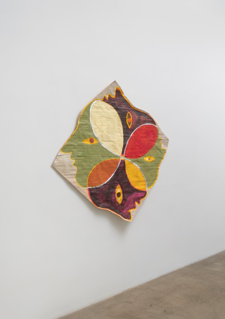 “Four Corners” by Kimia Ferdowsi Kline seen in installation view, featuring vivid colored forms, symbolic eyes, and stitched details on Egyptian papyrus with mirror fragments