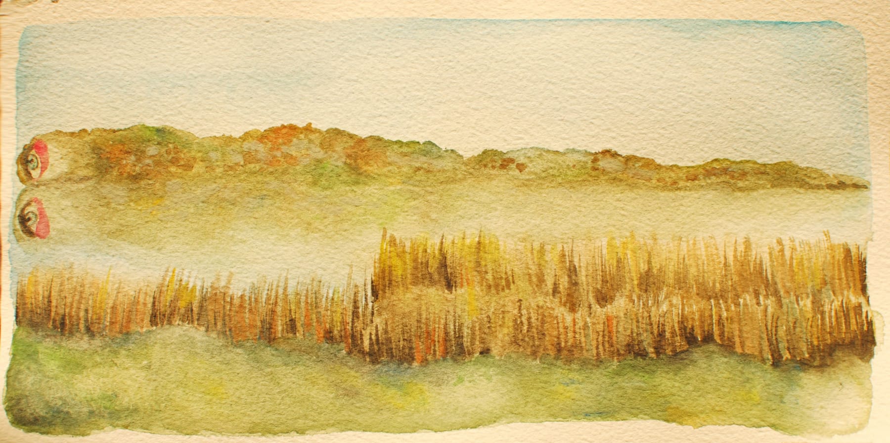 Watercolor painting by Alymamah Rashed titled 'I Yearn for A Presence I Have Not Met Yet (A Yearning to Remember from Lake Poylazlar),' 2024. The painting shows a misty landscape with reeds and a reflection of two red forms in the water.
