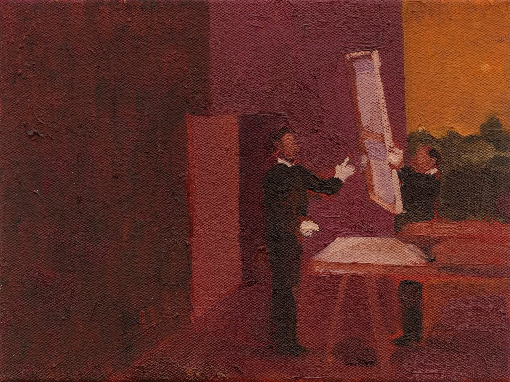 Two figures handling a painting in an interior scene, depicted in expressive brushwork with warm tones. “sambinha” (2024) by Brazilian painter Thales Pomb.