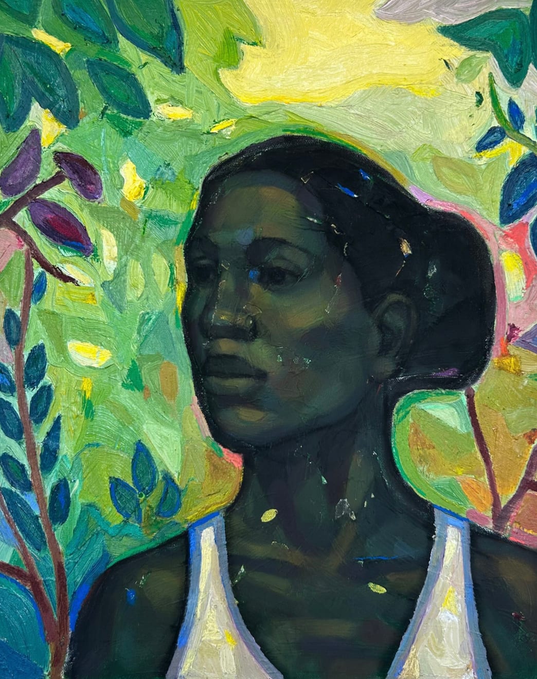 Woman painted in rich green tones, surrounded by foliage, by Stephen Price.