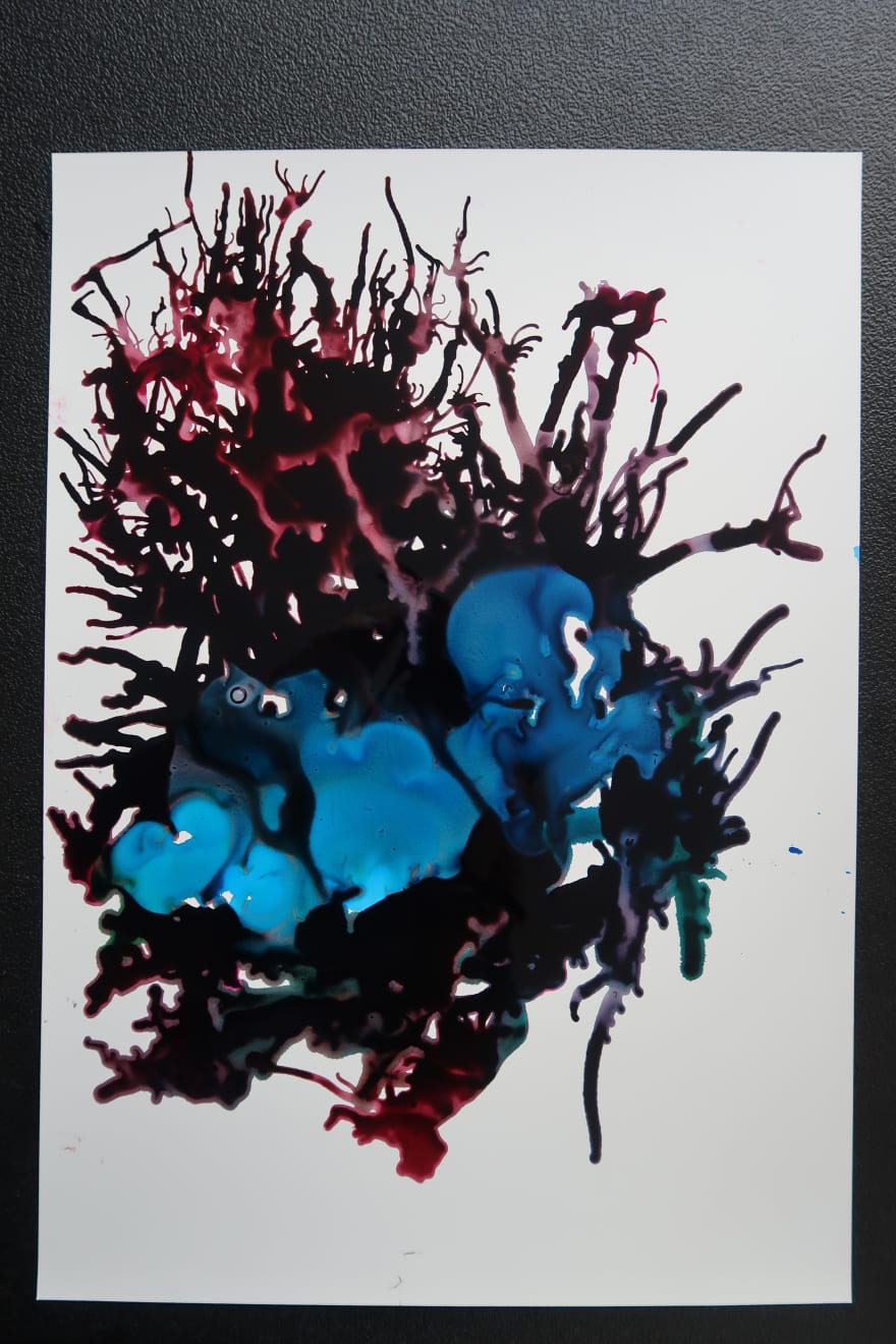Sophie Hing Yee Cheung, CMYK Painting: Withered Flowers and Tree Cross Sections, 2024