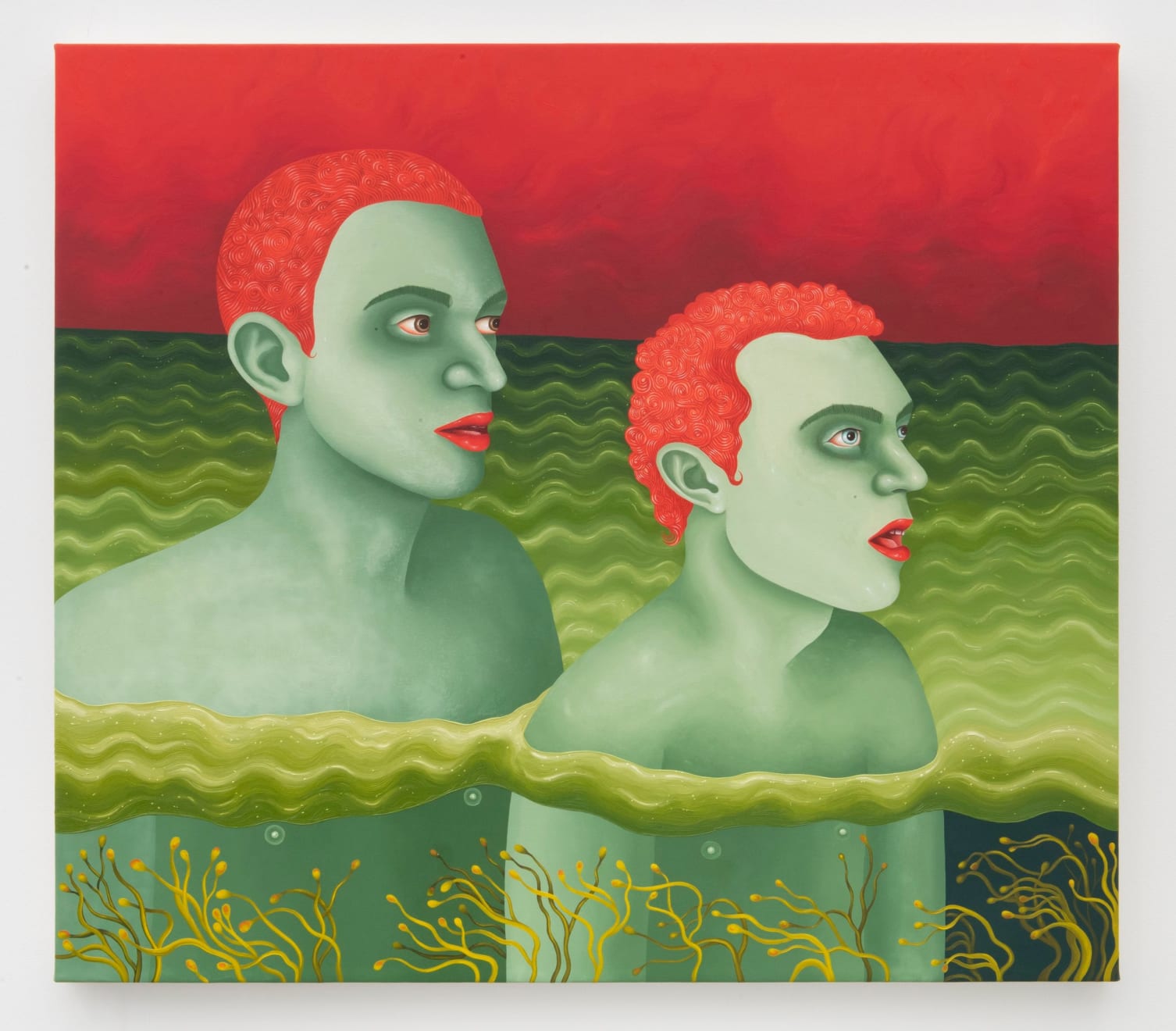 Maria Fragoso Jara, Unison (two boys swimming in green water), 2021