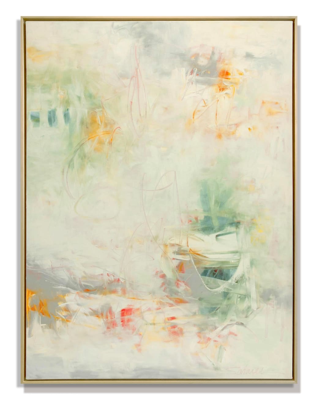Abstract oil painting with greens, whites, oranges, and grays by slate gray gallery artist Karen Scharer