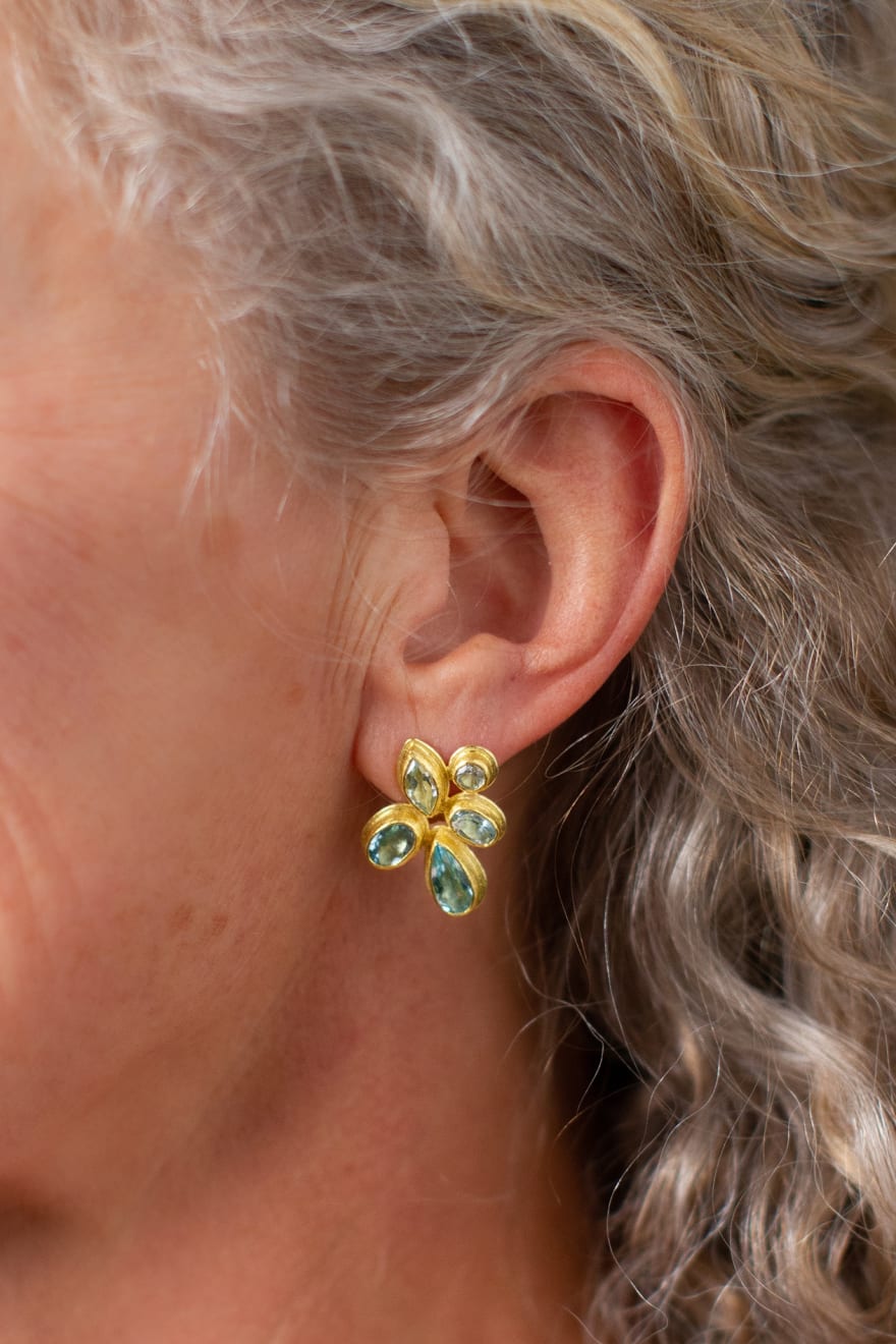 22k yellow gold earrings with bezel set mixed shape aquamarines by Fringe Gallery studio jeweler Petra Class