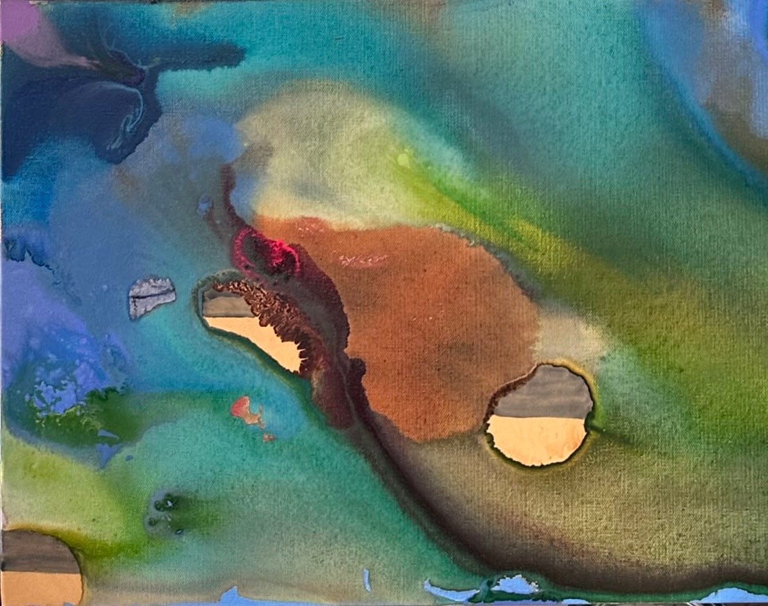 An oil painting of a house on an abstract landscape by slate gray gallery artist Marketa Sivek