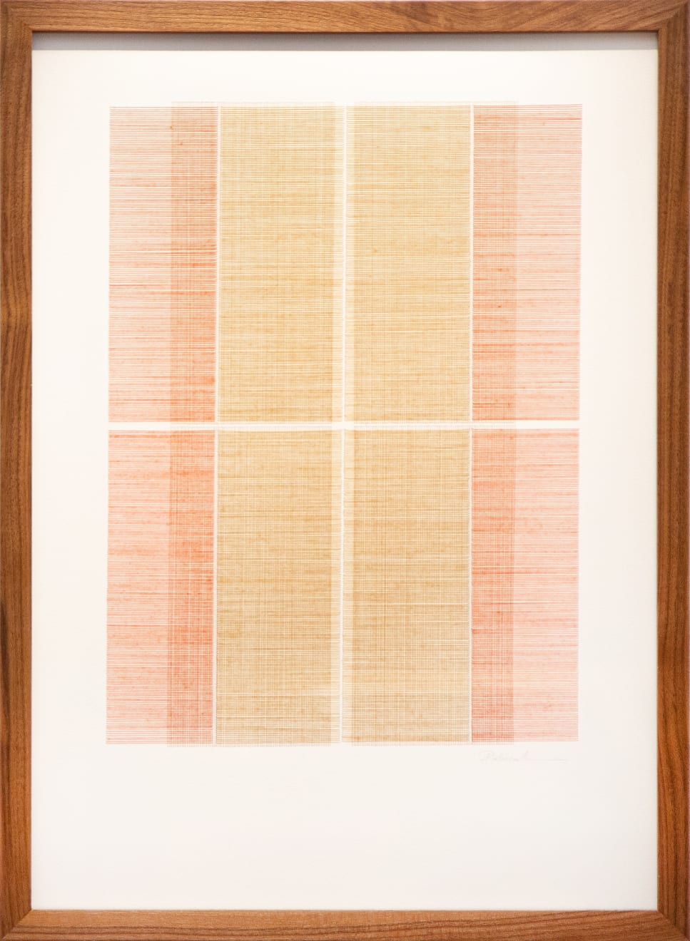 Framed tan and orange thread on watercolor paper by Fringe Gallery artist Rebecca Messier