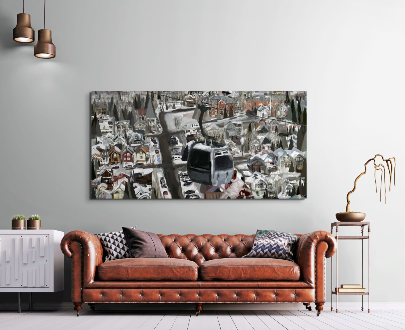 digital mock-up of digital painting of the gondola in Telluride with a view of the town of Telluride in the background