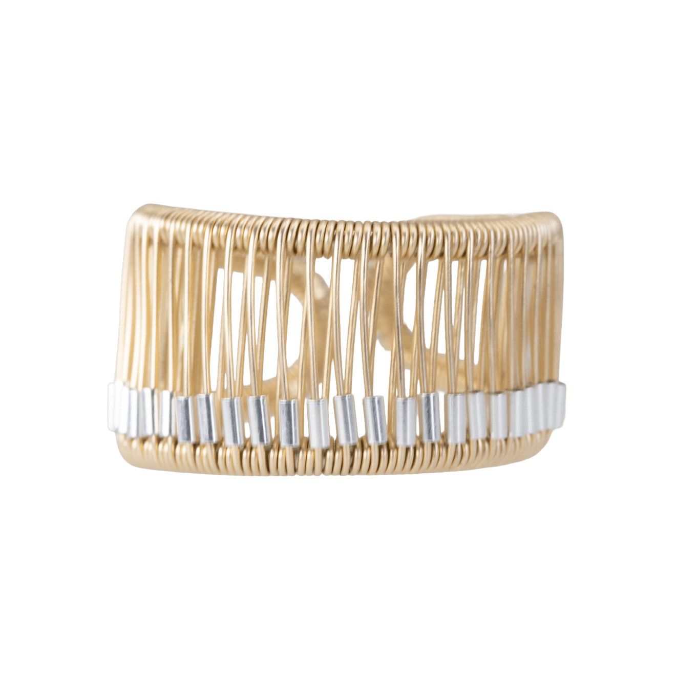 Gold ring with silver tube beads by Fringe Gallery studio jeweler Tana Acton