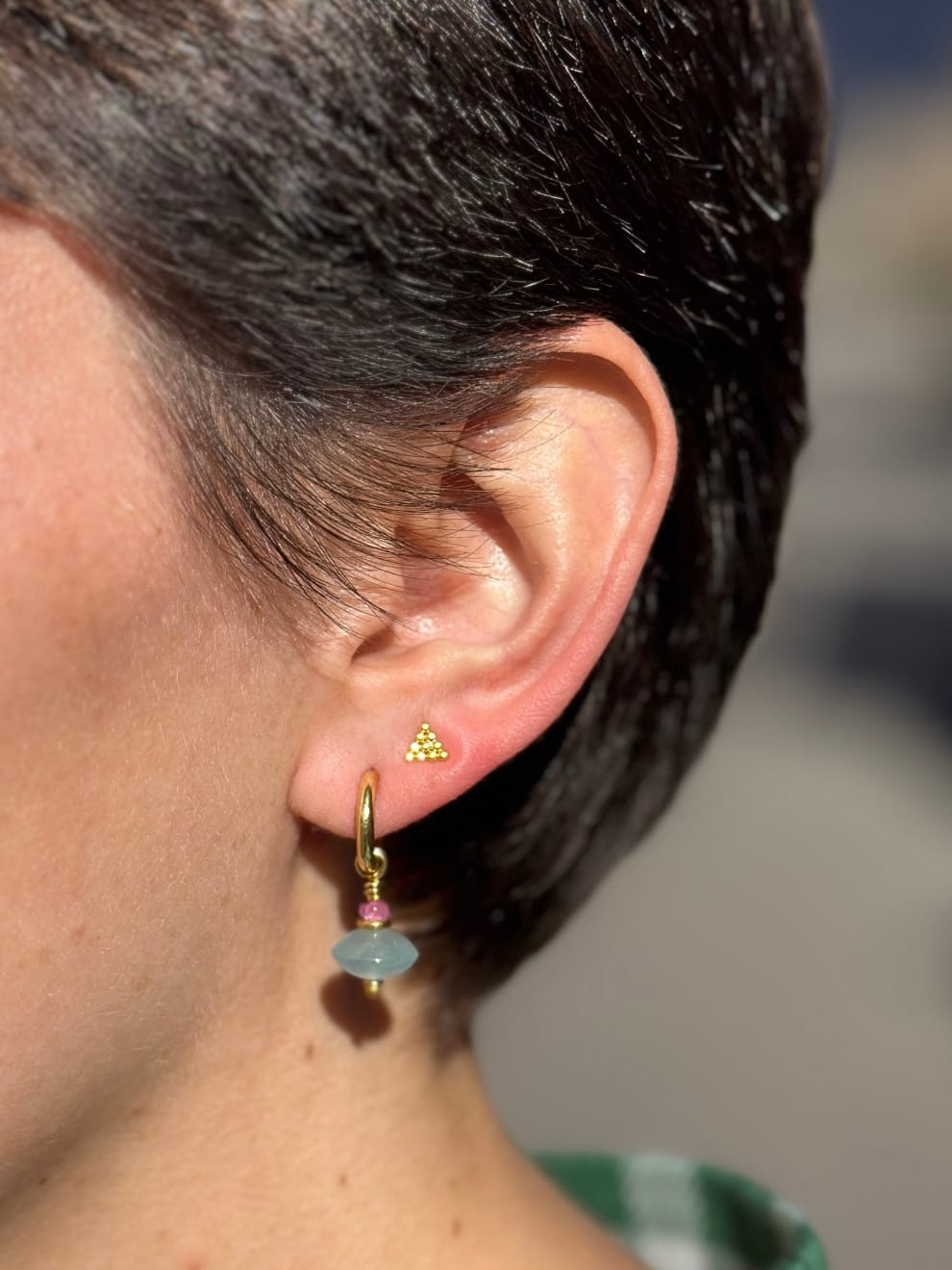 22k yellow gold flat pyramid stud earrings by Fringe Gallery studio jeweler Nanci Modica