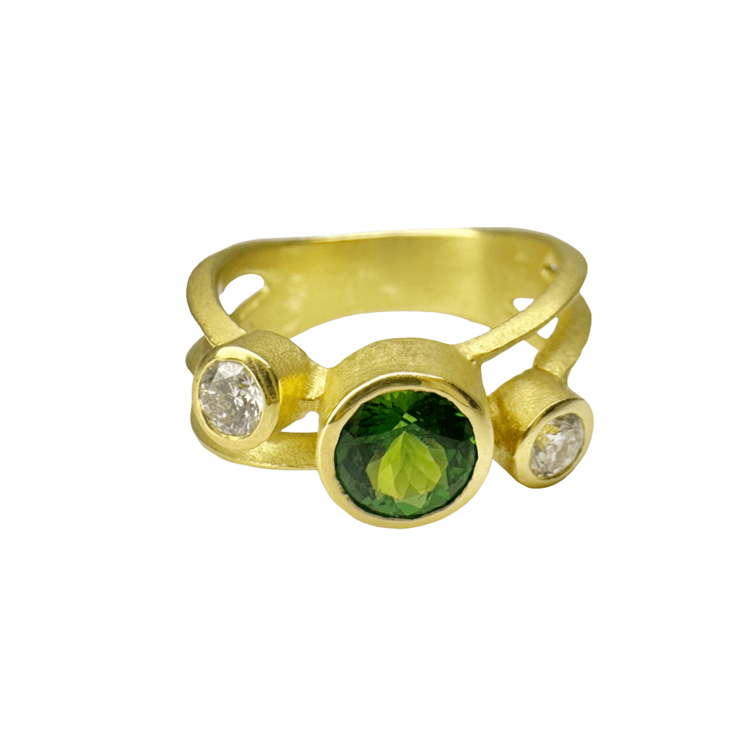 Green Tourmaline and Diamond Ring by Fringe Gallery studio jeweler barbara heinrich