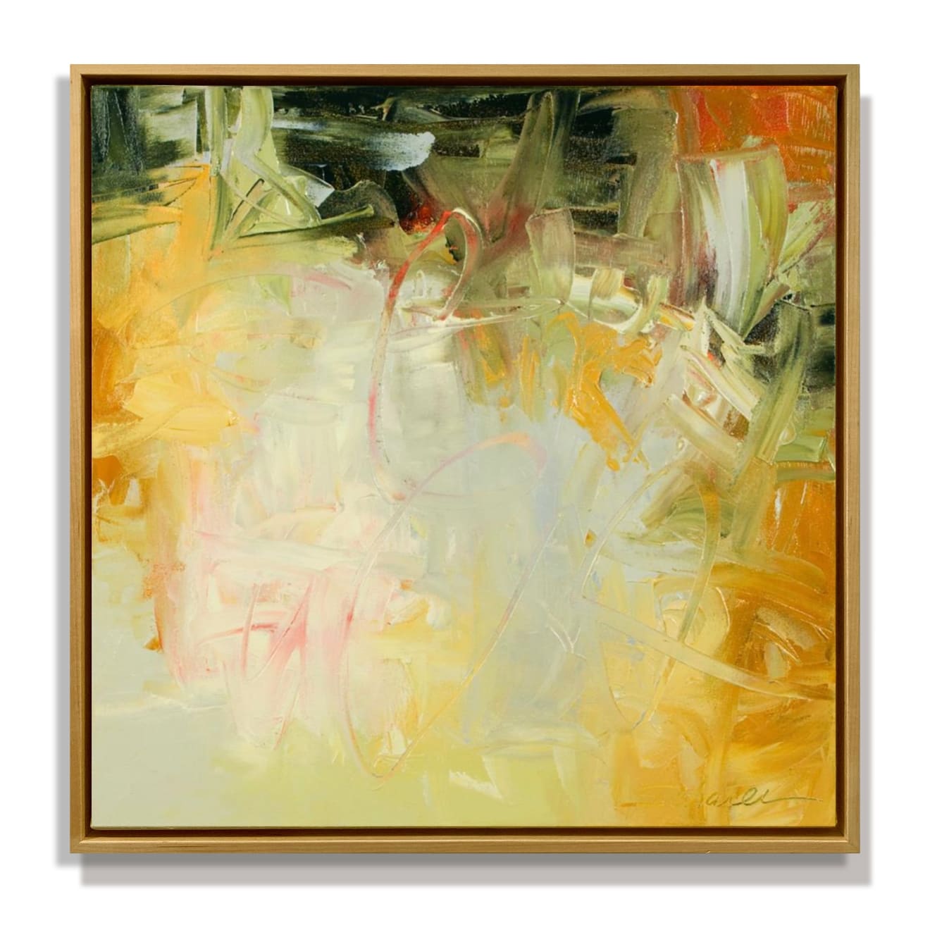 Abstract oil painting with greens, whites, oranges, and grays by slate gray gallery artist Karen Scharer
