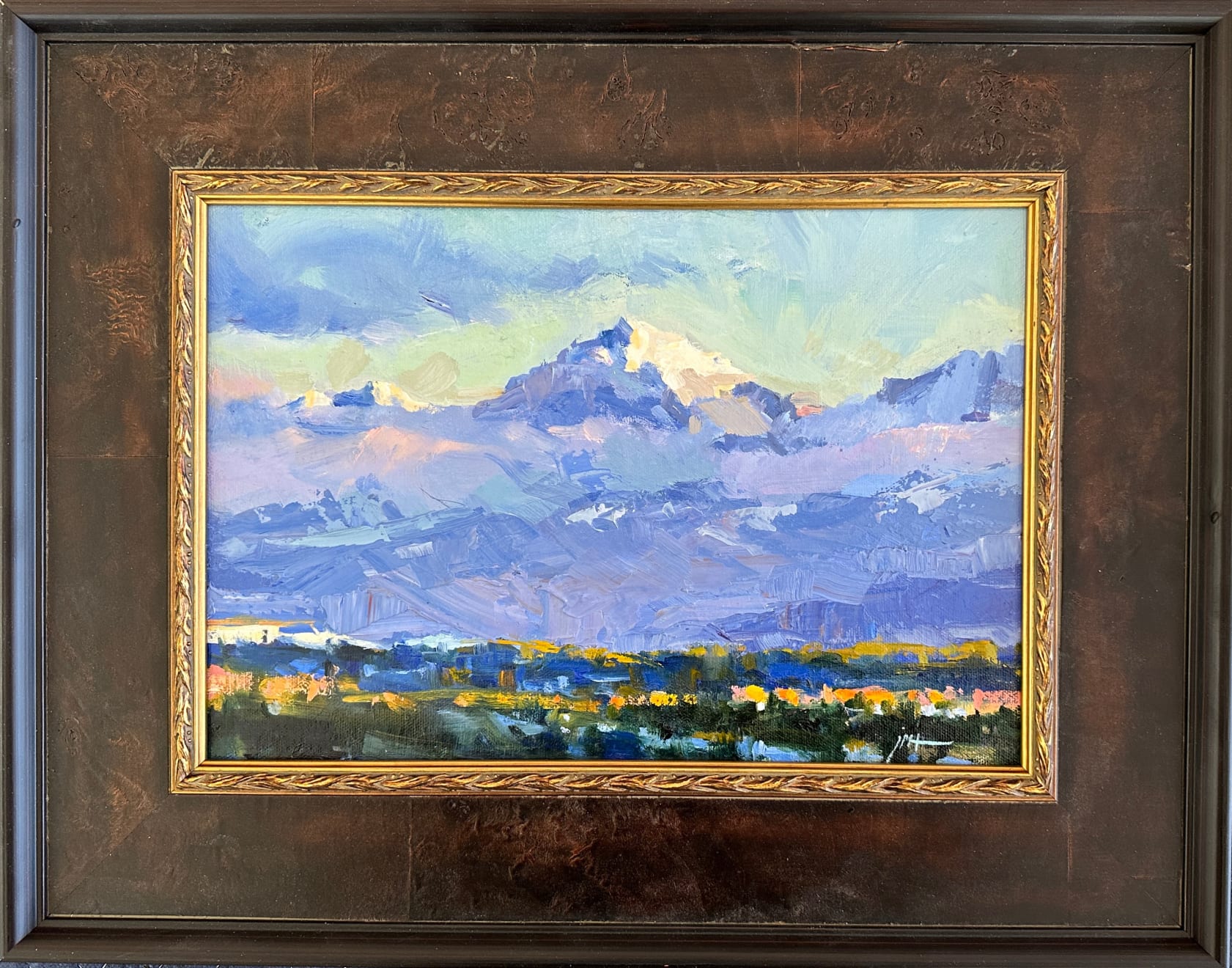 oil painting of an evening mountain scene in a frame by Telluride artist Julee Hutchison