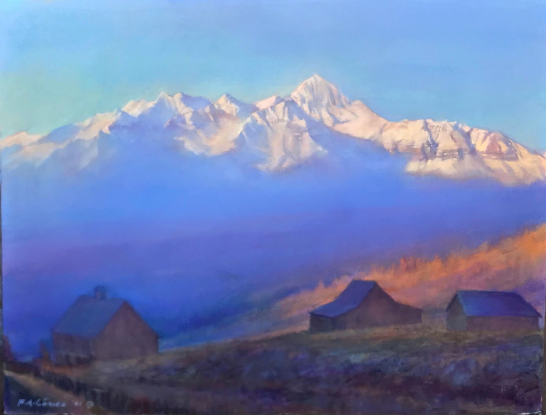 Pastel painting of mount wilson in telluride colorado by slate gray gallery artist Bruce A Gomez