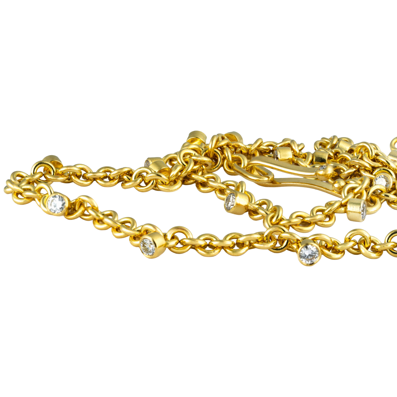 22k yellow gold round link necklace with bezel set diamonds by Fringe Gallery studio jeweler Nanci Modica