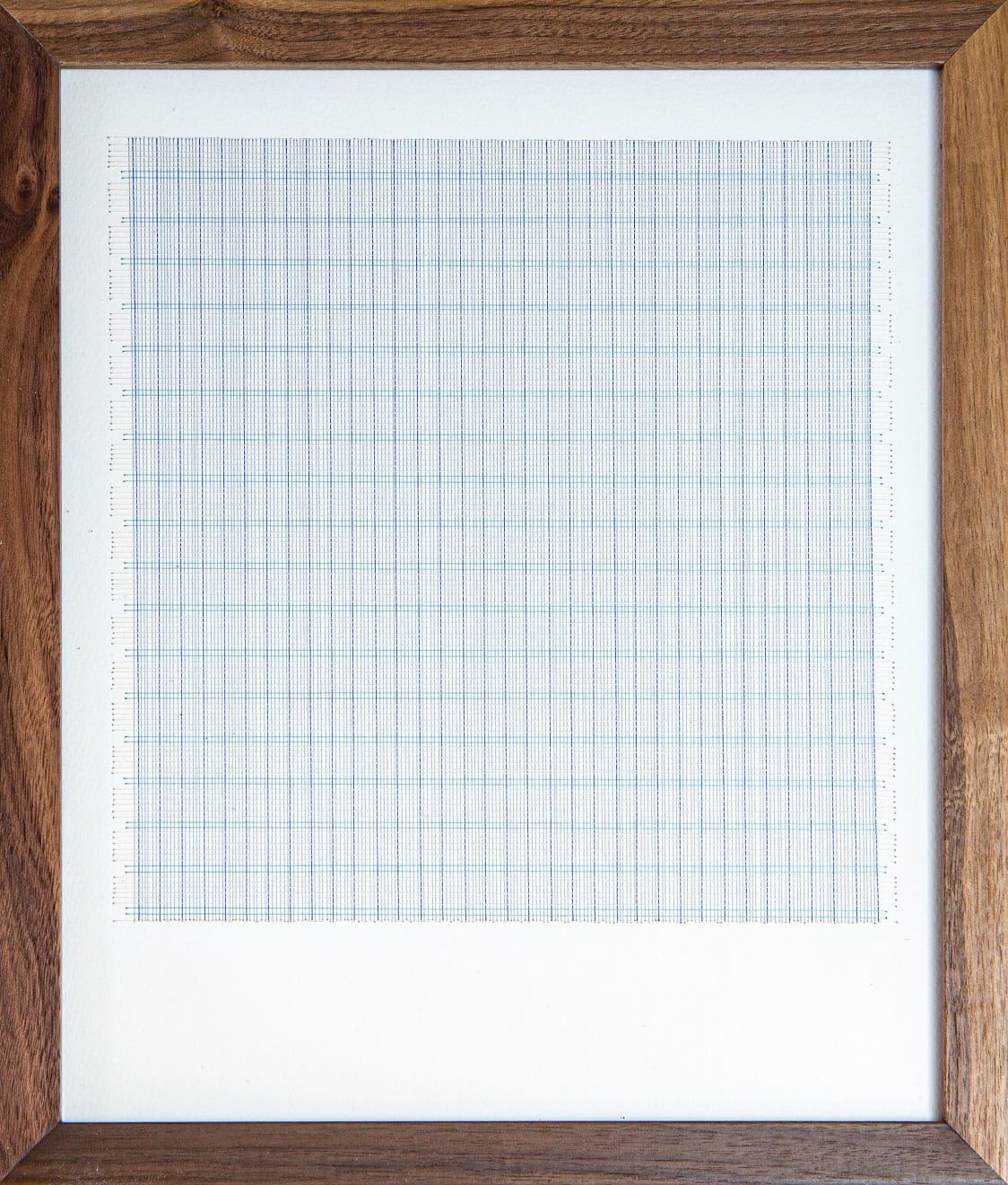 Framed blue thread on paper work by Fringe Gallery artist Rebecca Messier