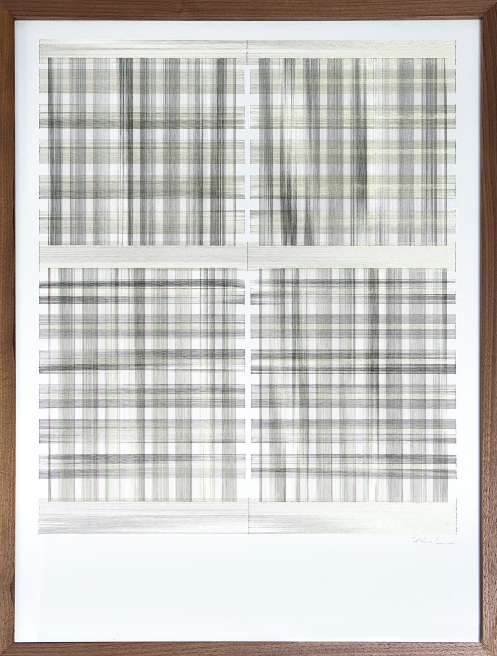 Framed green thread on paper work by Fringe Gallery artist Rebecca Messier