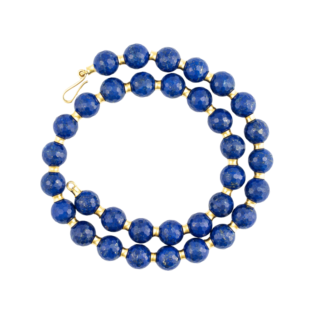 Lapis lazuli faceted bead necklace with gold fluting by Fringe Gallery studio jeweler Nanci Modica
