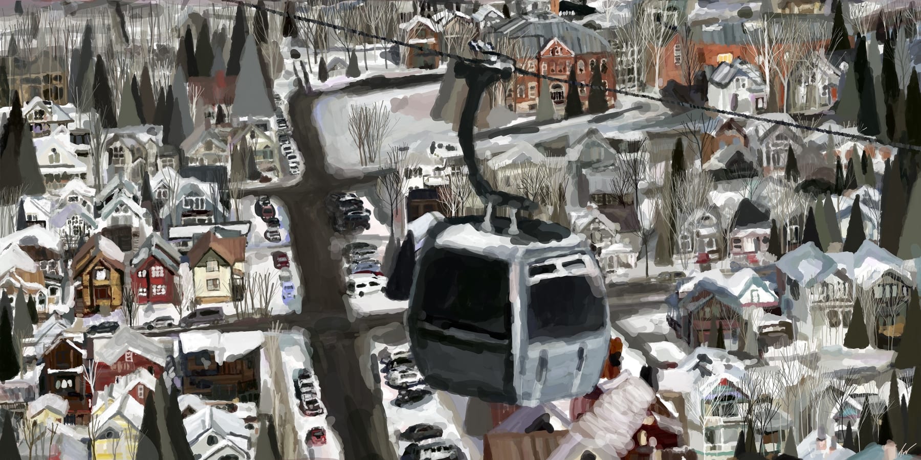 a digital painting of the gondola in Telluride with a view of the town of Telluride in the background