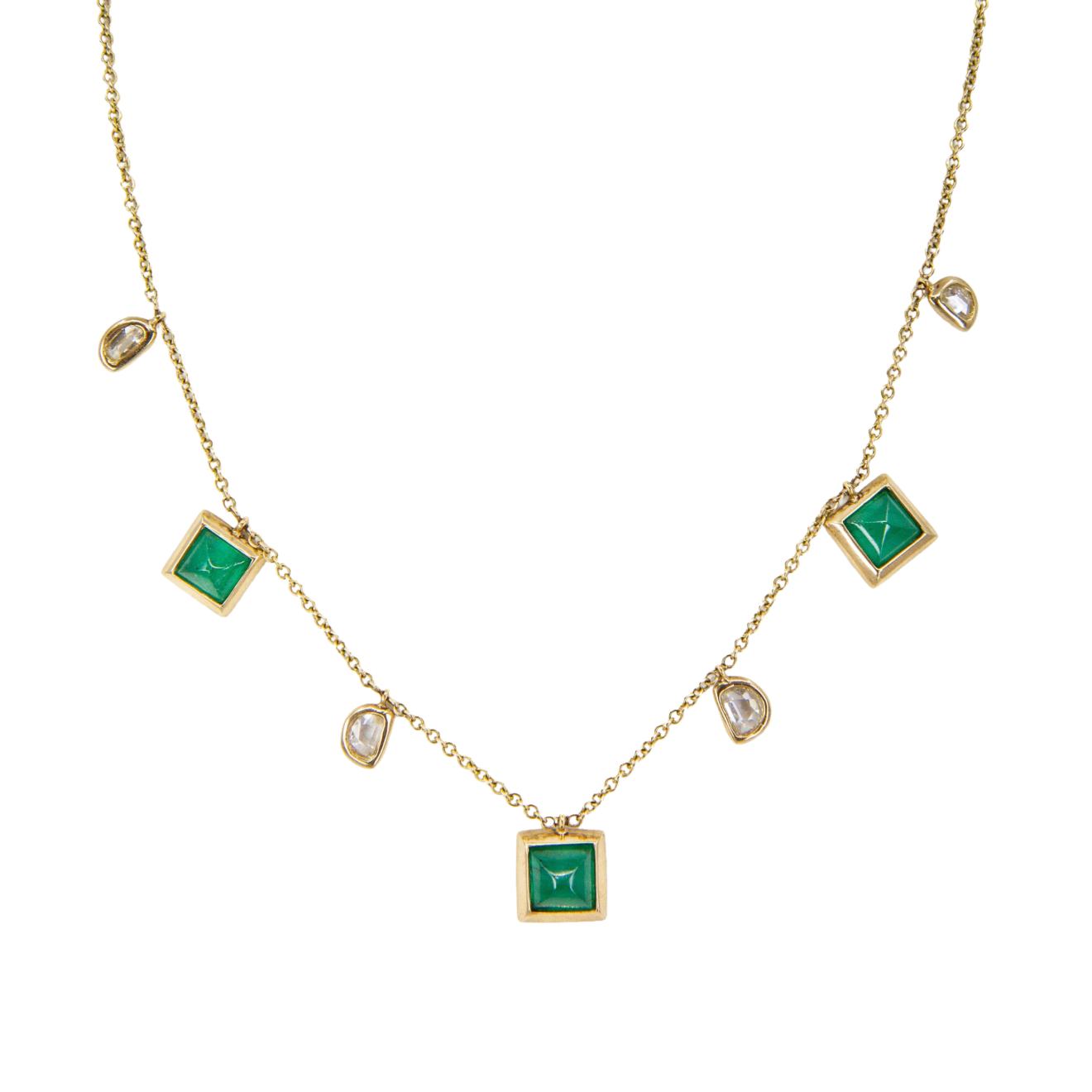 14k yellow gold necklace with rosecut diamonds and princess cut emeralds by Fringe Gallery jeweler Loree Rodkin