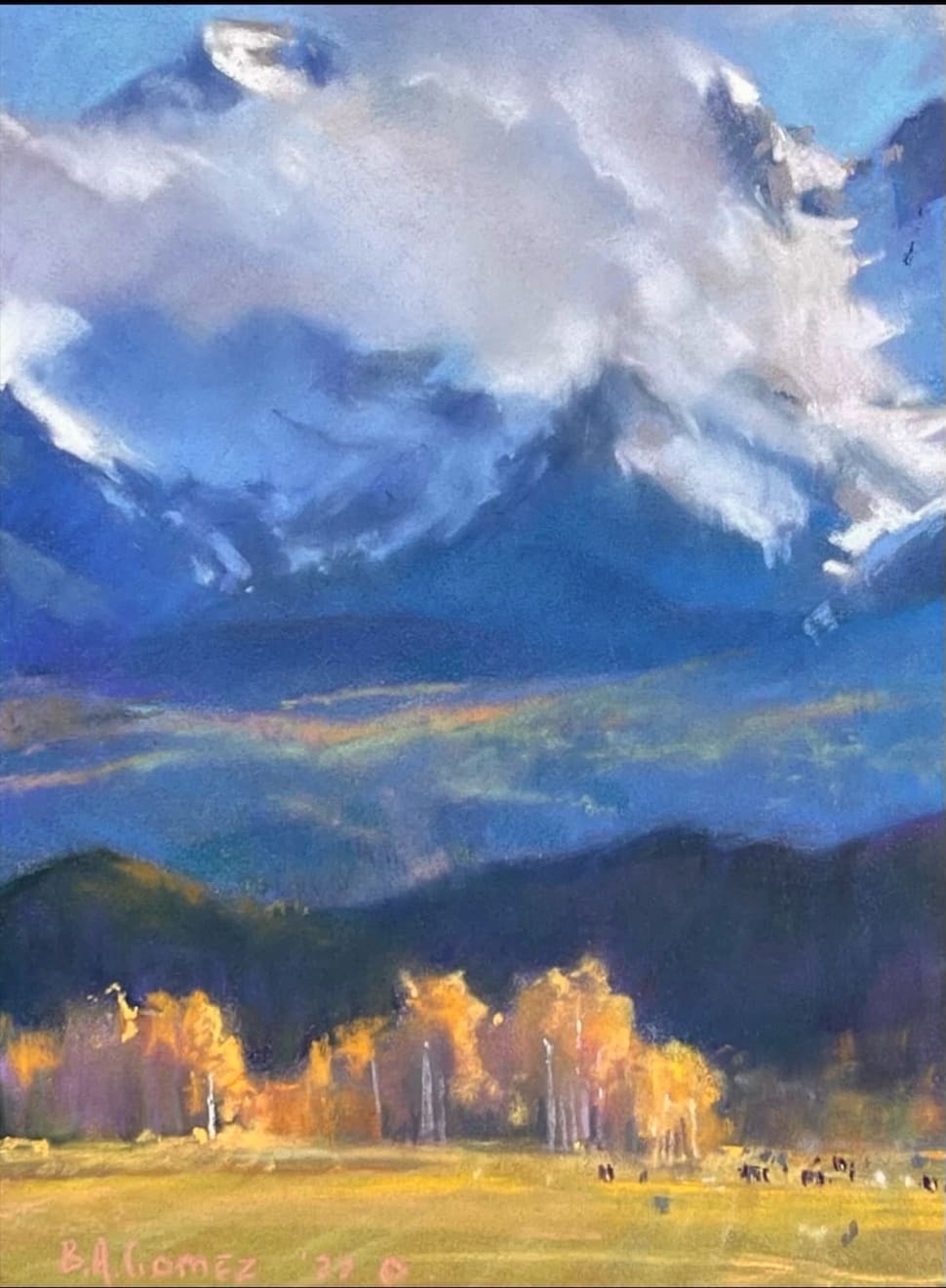 Pastel painting of a mountain with a cloud over it with yellow trees in front by slate gray gallery artist Bruce A Gomez