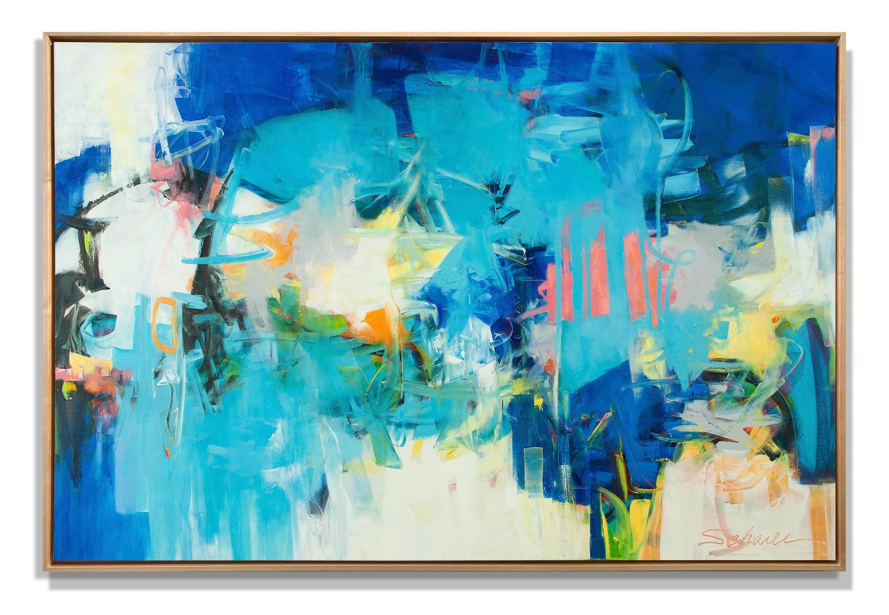 Abstract oil painting with blues, whites, pinks, and grays by slate gray gallery artist Karen Scharer