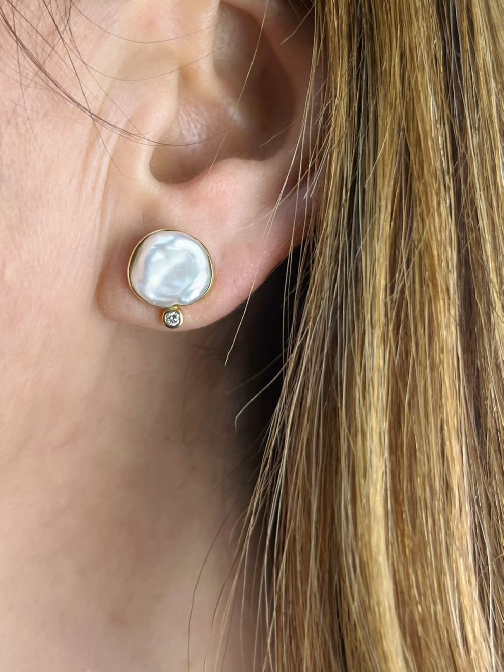 18k yellow gold earrings with Keshi pearls and diamonds by Fringe Gallery studio jeweler Sandra Frias