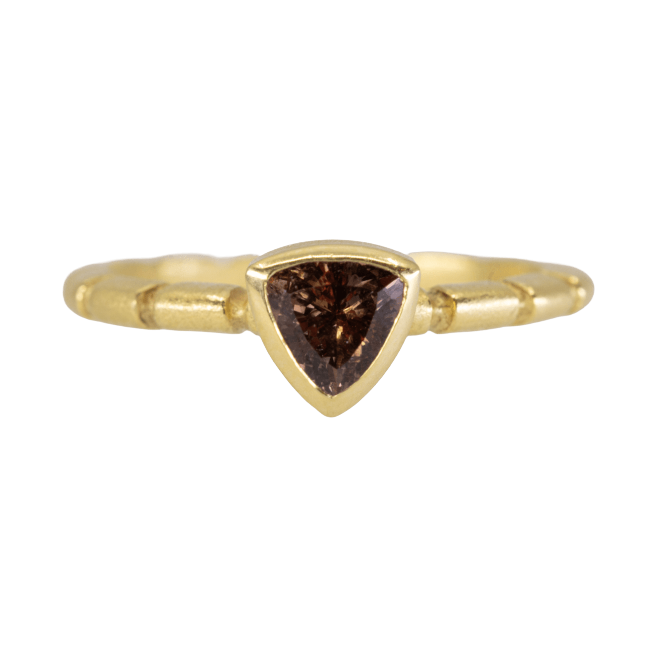 Trillion natural rust color sapphire ring with a bamboo band by Fringe Gallery studio jeweler Barbara Heinrich