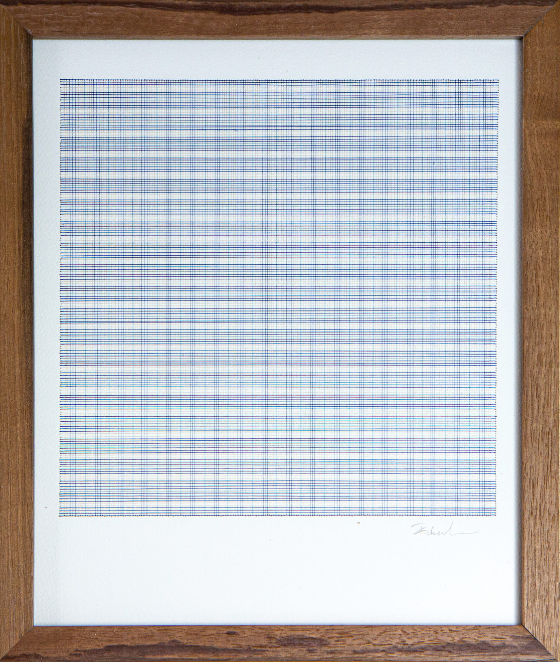 Framed blue thread on paper work by Fringe Gallery artist Rebecca Messier