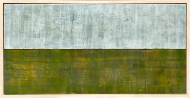 Blue and green color block horizontal encaustic painting by slate gray gallery artist amy van winkle