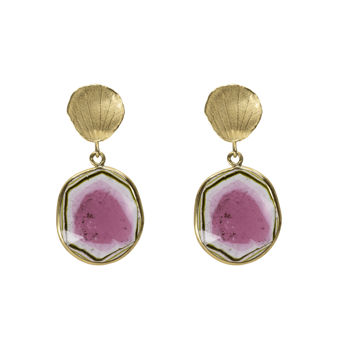 Bezel wrapped rose cut watermelon tourmaline earrings with petal tops by Fringe Gallery studio jeweler Barbara Heinrich