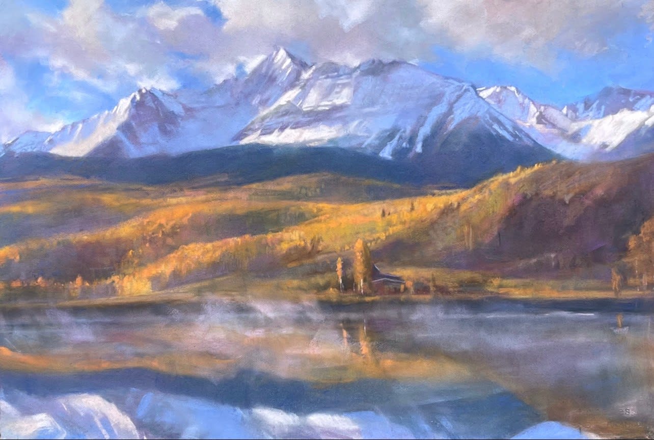 Pastel painting of a a mountain range with a body of water in front of it by Slate Gray Gallery artist Bruce A. Gomez