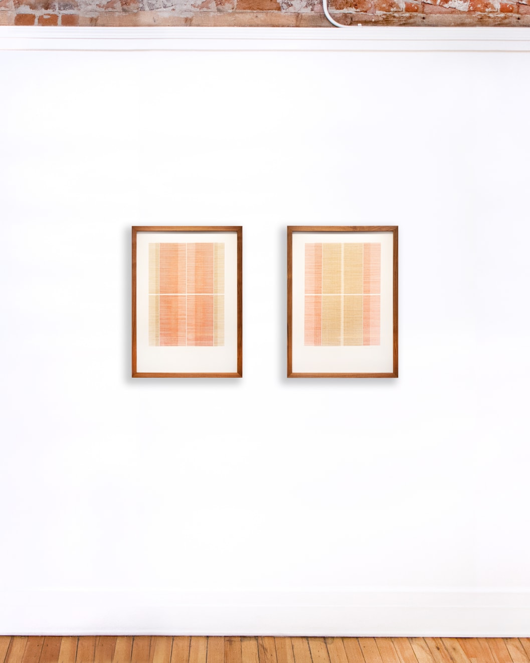 Framed tan and orange thread on watercolor paper diptych by Fringe Gallery artist Rebecca Messier
