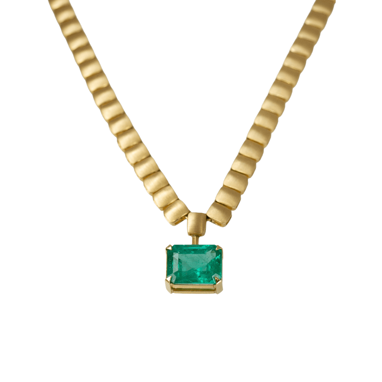 18k yellow gold and emerald necklace by Fringe Gallery studio jeweler Sandra Frias