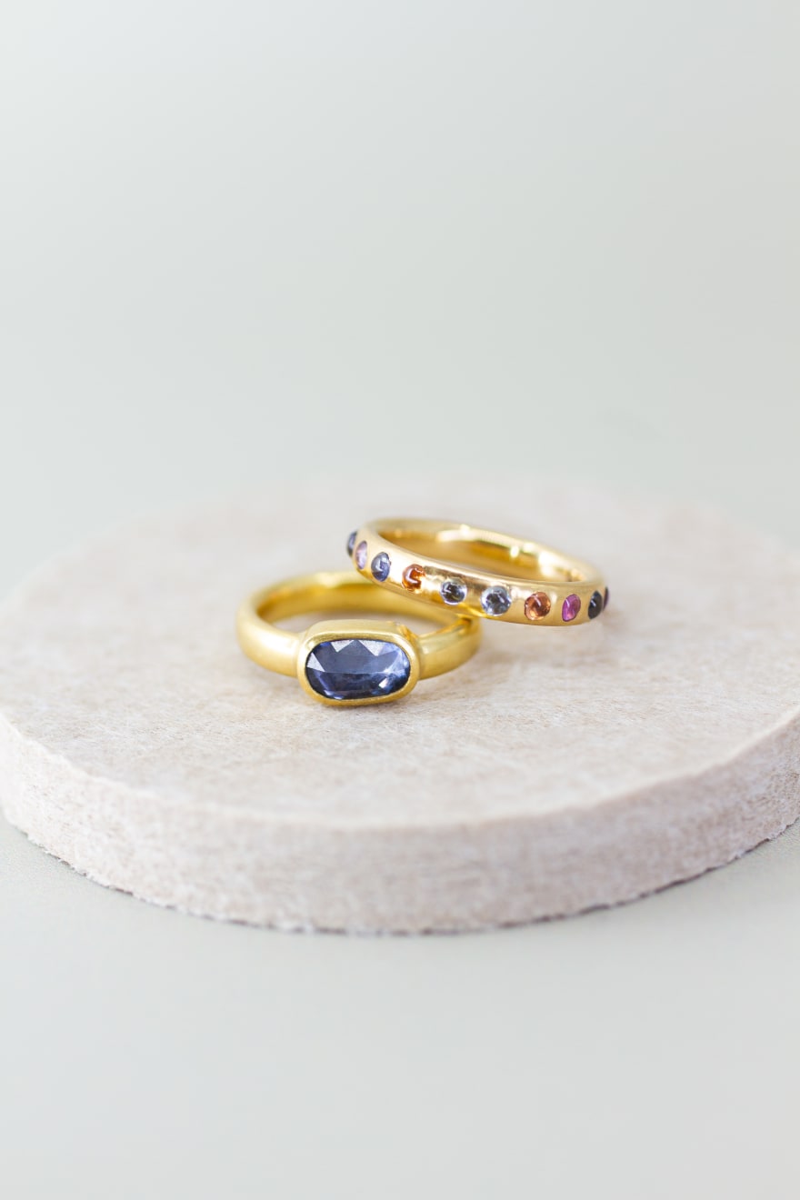 Rose Cut Blue Sapphire Ring by Fringe Gallery studio jeweler Nanci Modica