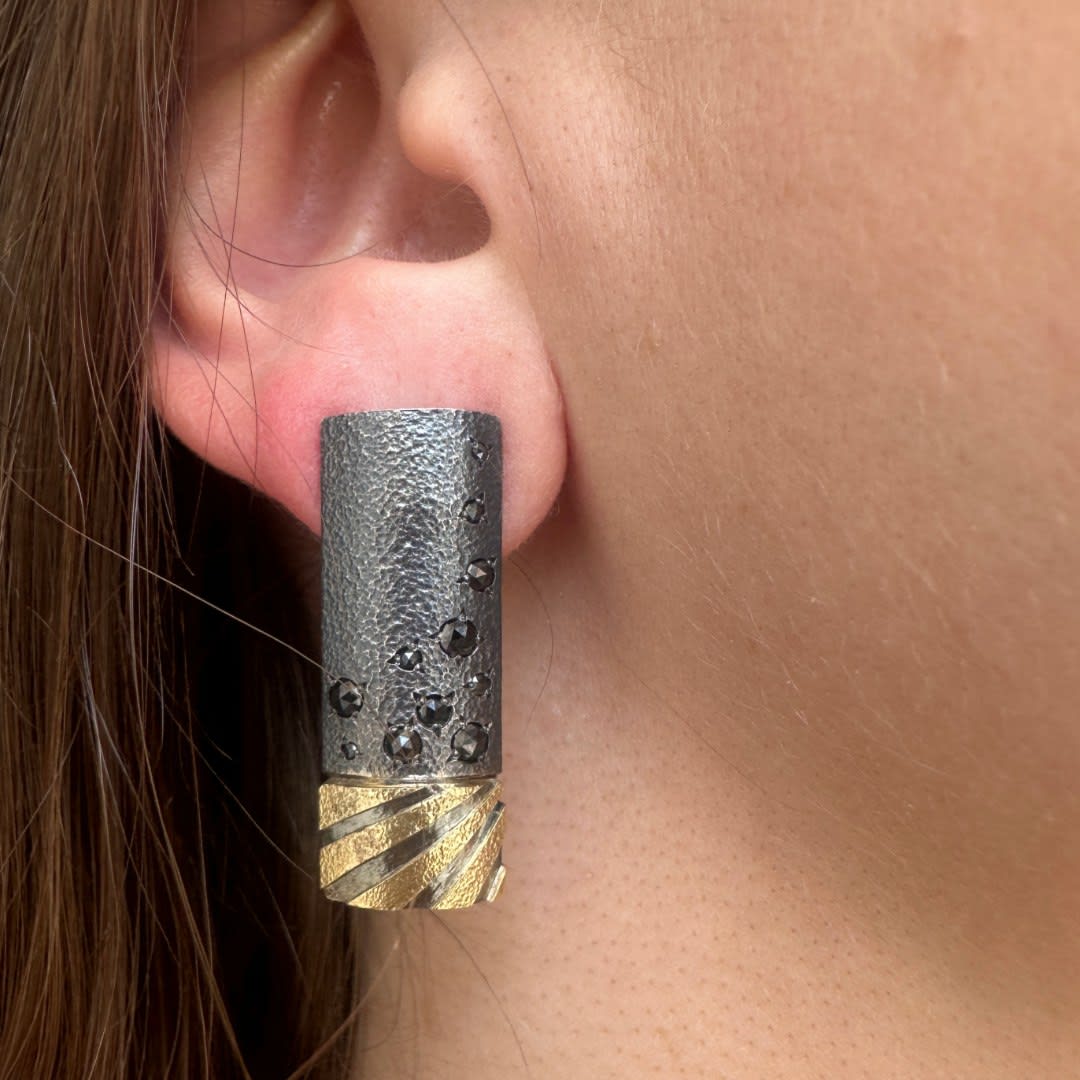 Elizabeth Garvin, Silver Cylinder Earrings with Black Diamonds