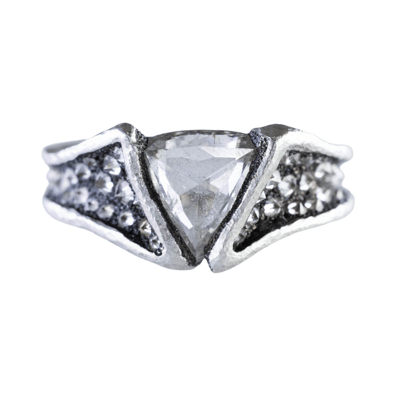 Platinum ring with a trillion rose cut diamond and scattered inverted diamonds by Fringe Gallery studio jeweler Todd Pownell and