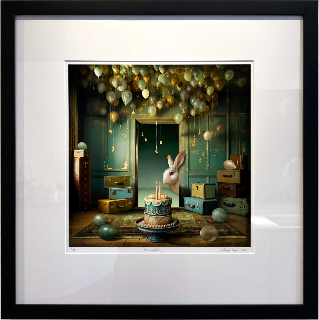 Archival Inkjet Print of It's My Party by Fringe Gallery Artist Maggie Taylor in a black frame