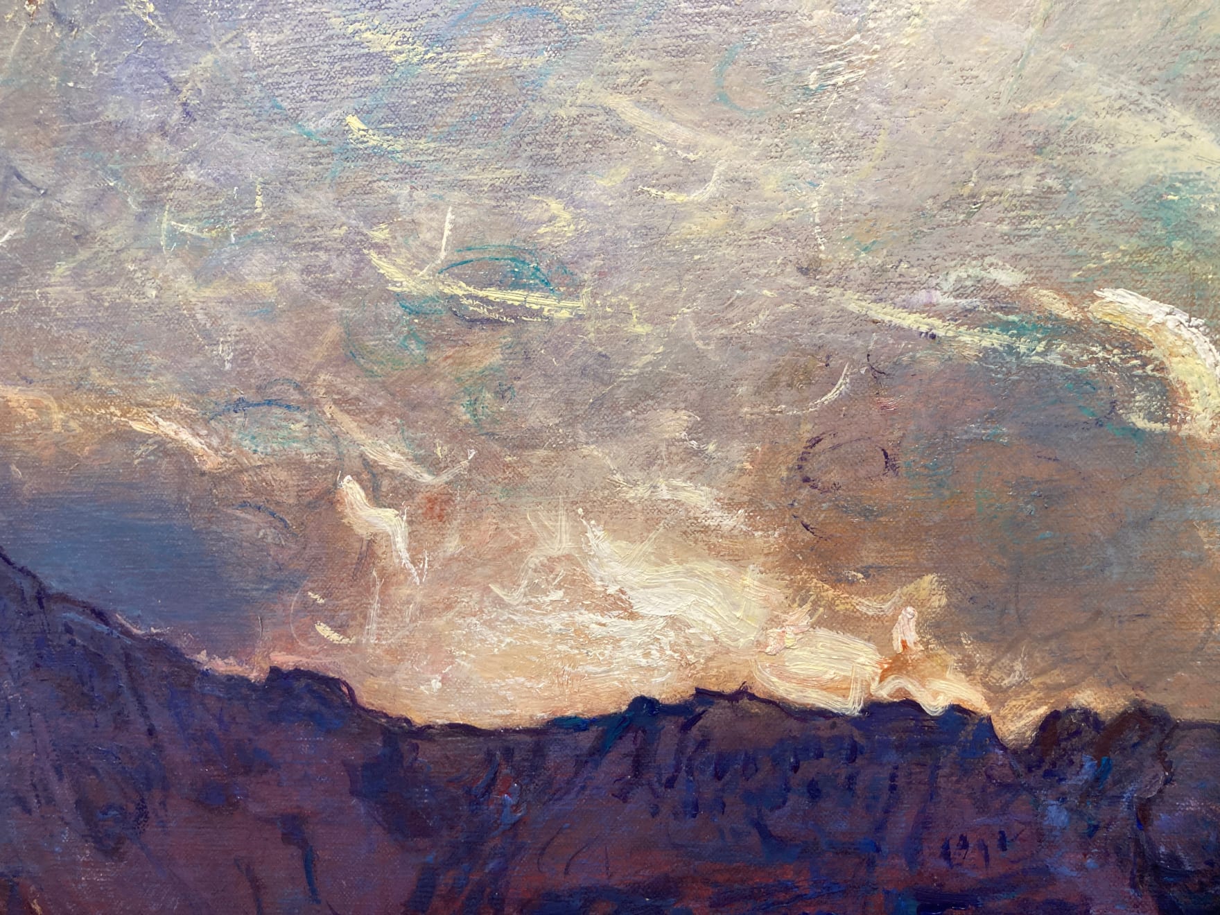 Oil painting by slate gray gallery artist Gordon brown of mountians with an abstract background