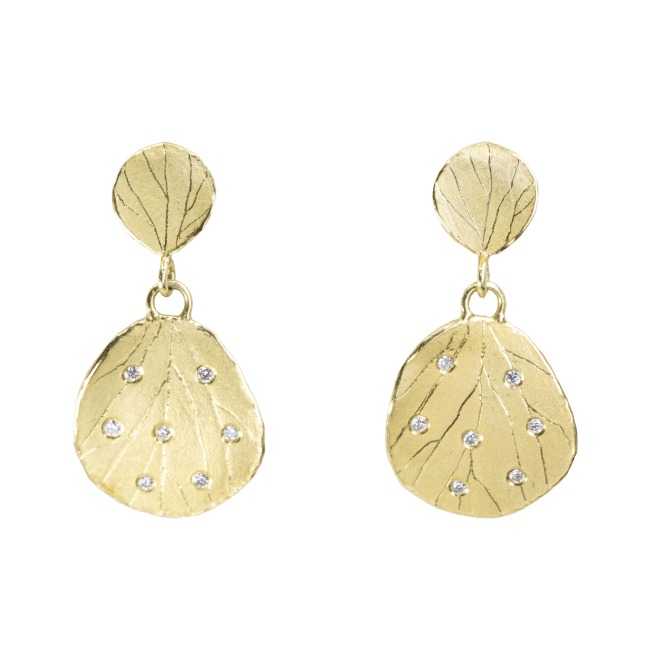 18k yellow gold leaf drop earrings with diamonds by Fringe Gallery studio jeweler Brarbara Heinrich