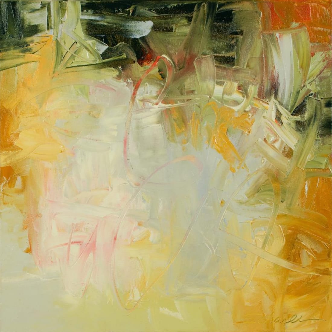 Abstract oil painting with greens, whites, oranges, and grays by slate gray gallery artist Karen Scharer