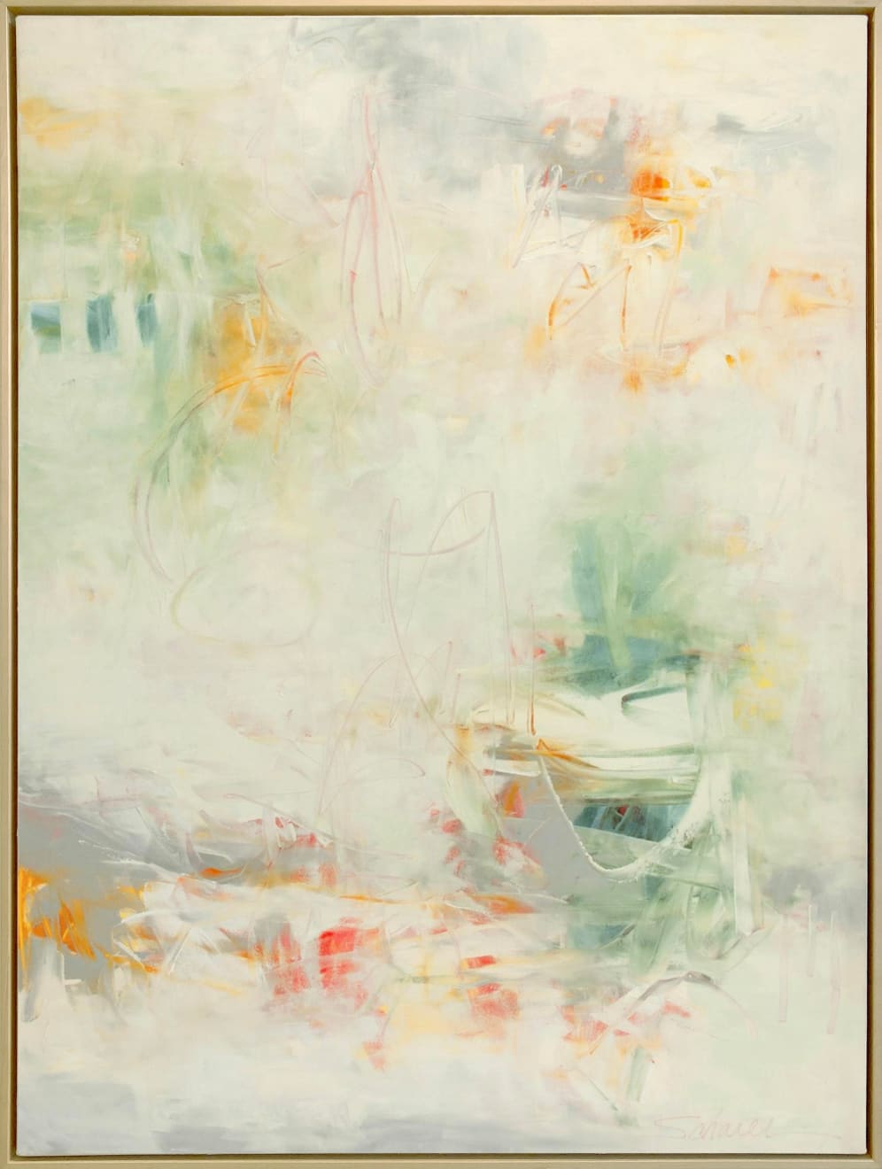 Abstract oil painting with greens, whites, oranges, and grays by slate gray gallery artist Karen Scharer