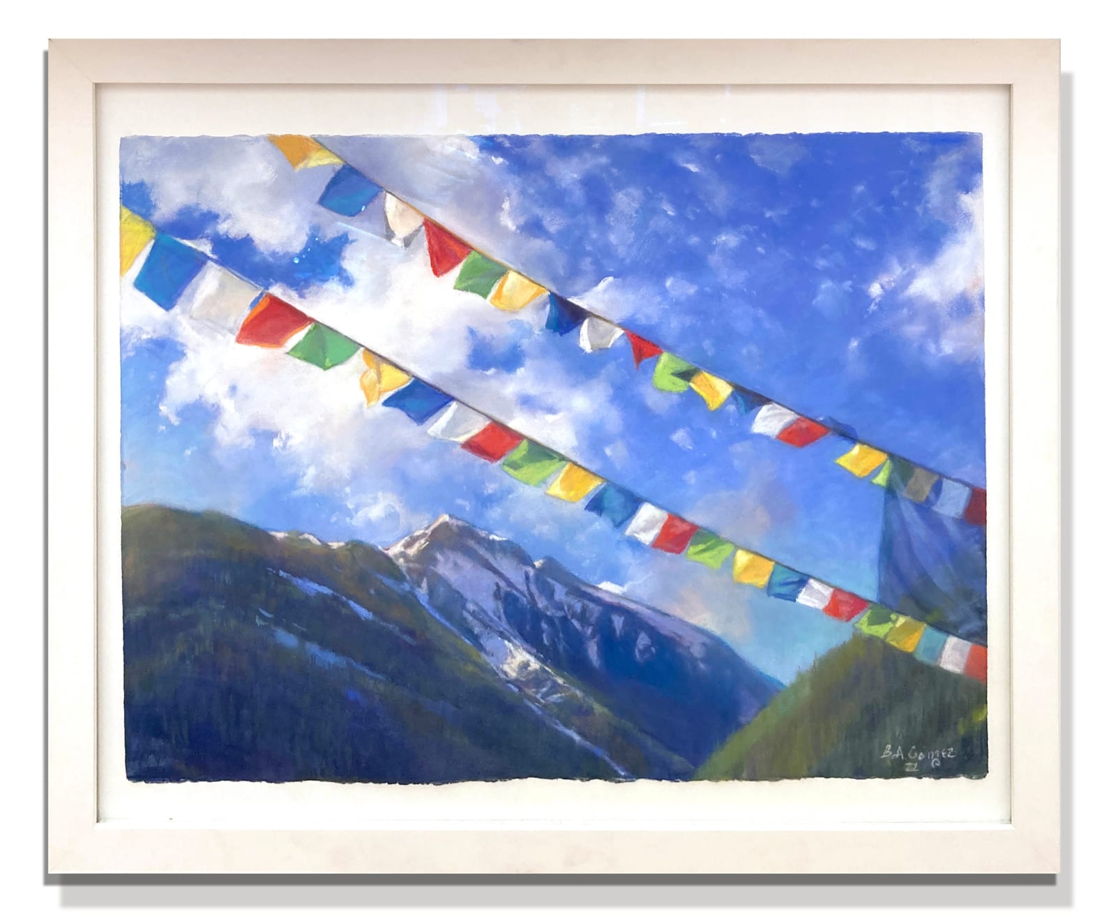 Pastel painting of Ballard peak with prayer flags by slate gray gallery artist Bruce A Gomez
